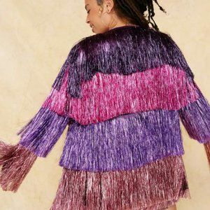 NWT Nasty Gal Metallic Tiered Fringe Open Front Jacket size 8